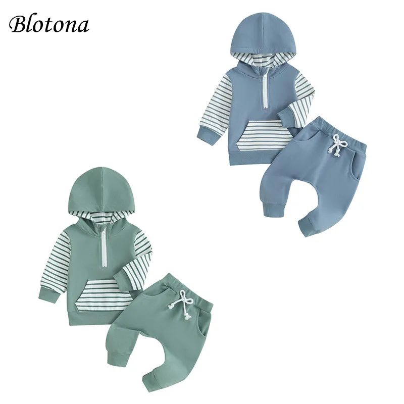 

Blotona Baby Boys Pullovers Pants Set, Long Sleeve Hooded Striped Hoodies with Elastic Waist Sweatpants Infant Clothes 3M-3Y