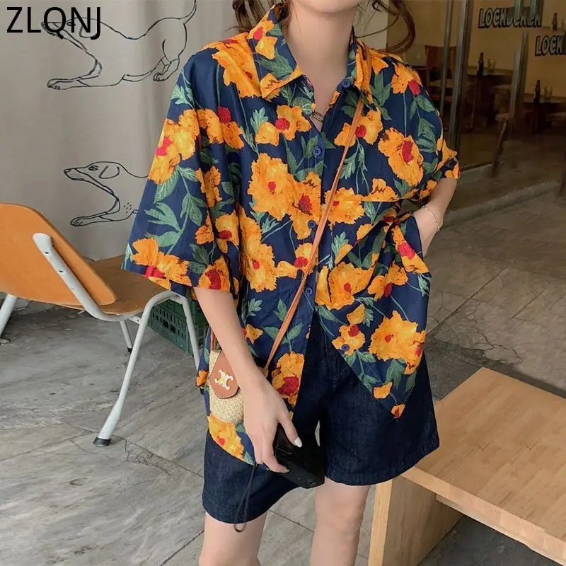 

Vintage Hawaiian Shirt Women Casual Street Printed Short Sleeve Flower Shirts y2k 2023 Summer Female Vacation Beach Blouses Tops