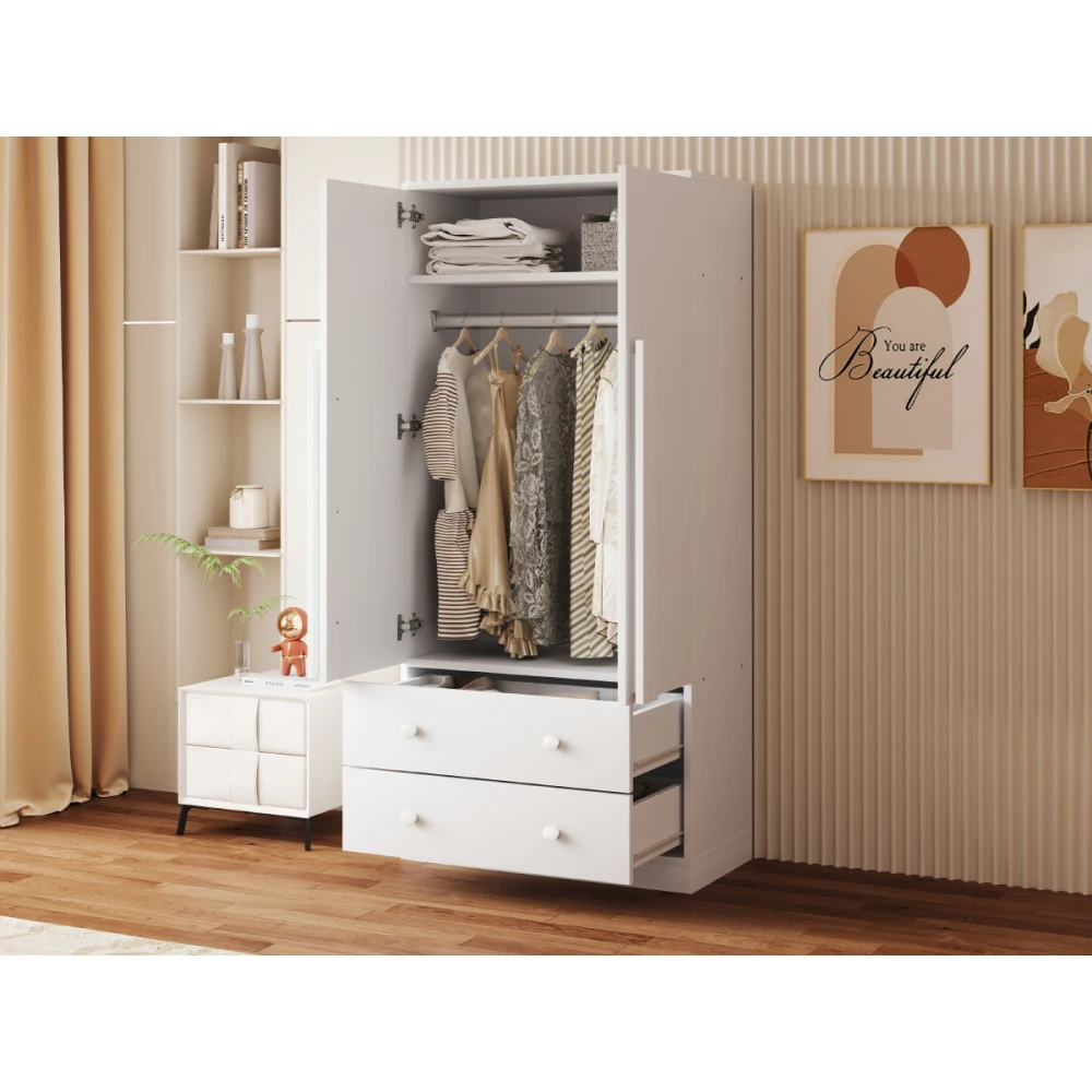 Moderner Doppeltür-Kleiderschrank – Schubladen + mehrschichtige Aufbewahrungsfächer, platzsparender Kleiderschrank, Heim-Organizer für Schlafzimmer – Detail 15