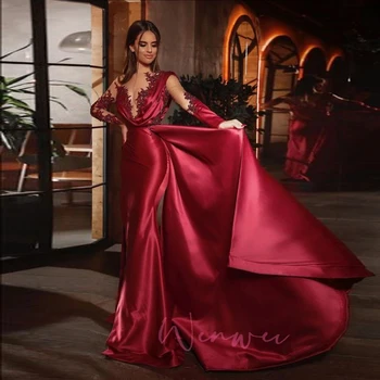 Prom Gown Customized Sexy Mermaid Long Sleeves Burgundy Prom Evening Dresses With Ruffles