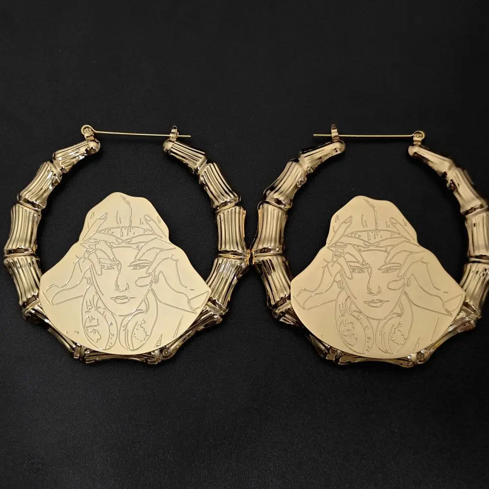 2023 Custom Picture Engraving Abstract Hoop Earring For Women Personalize Photo Gold Bamboo Earring Party Jewelry Gifts