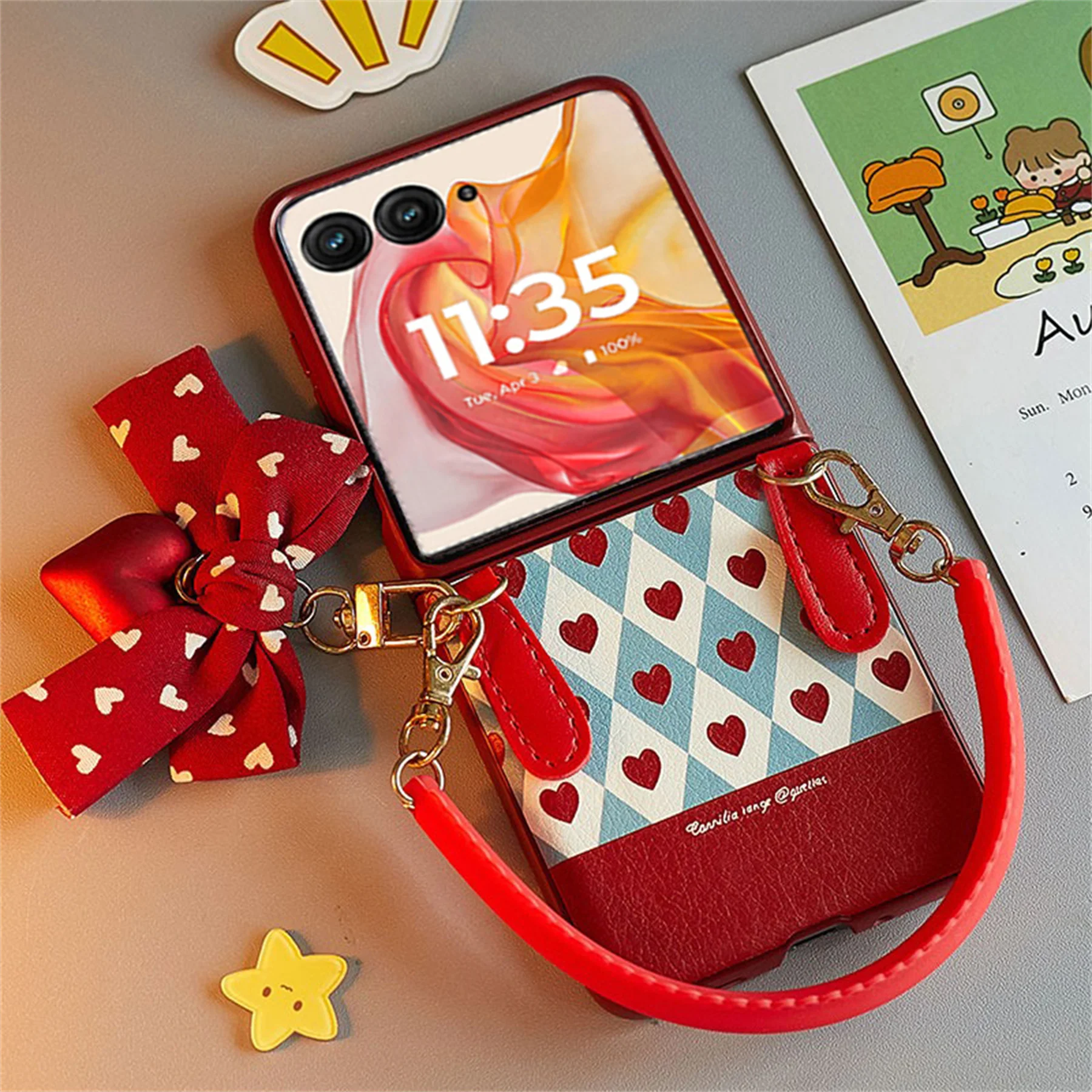 Charming Korean Red Love Heart Floral Portable Phone Case - Shockproof Cover