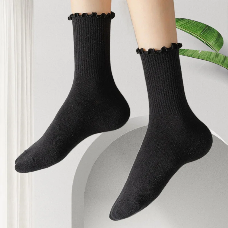 5/10 Pairs /Lot Socks Women Ruffle Cotton Middle Tube Sock Ankle Short Socks Breathable Black White Set Spring Autumn Funny Sock