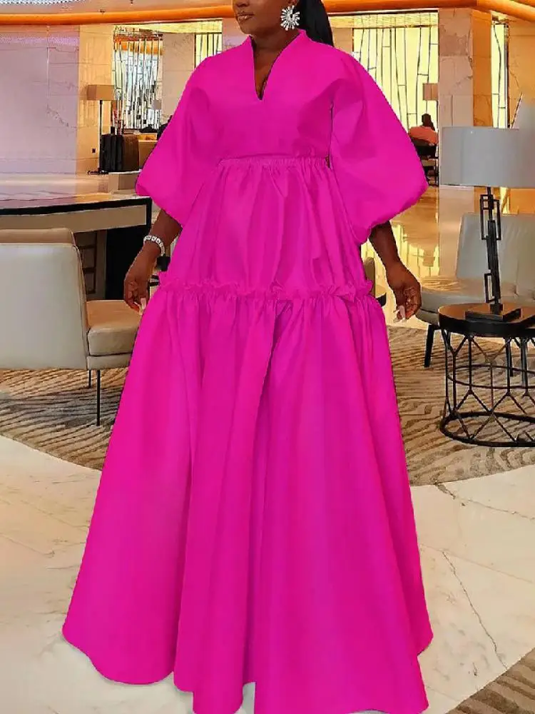 

Lemongor Female Fashion Solid Color Puff Sleeves Falbala Party Evening Dress 2023 New Spring Autumn Loose Casual Maxi Dresses