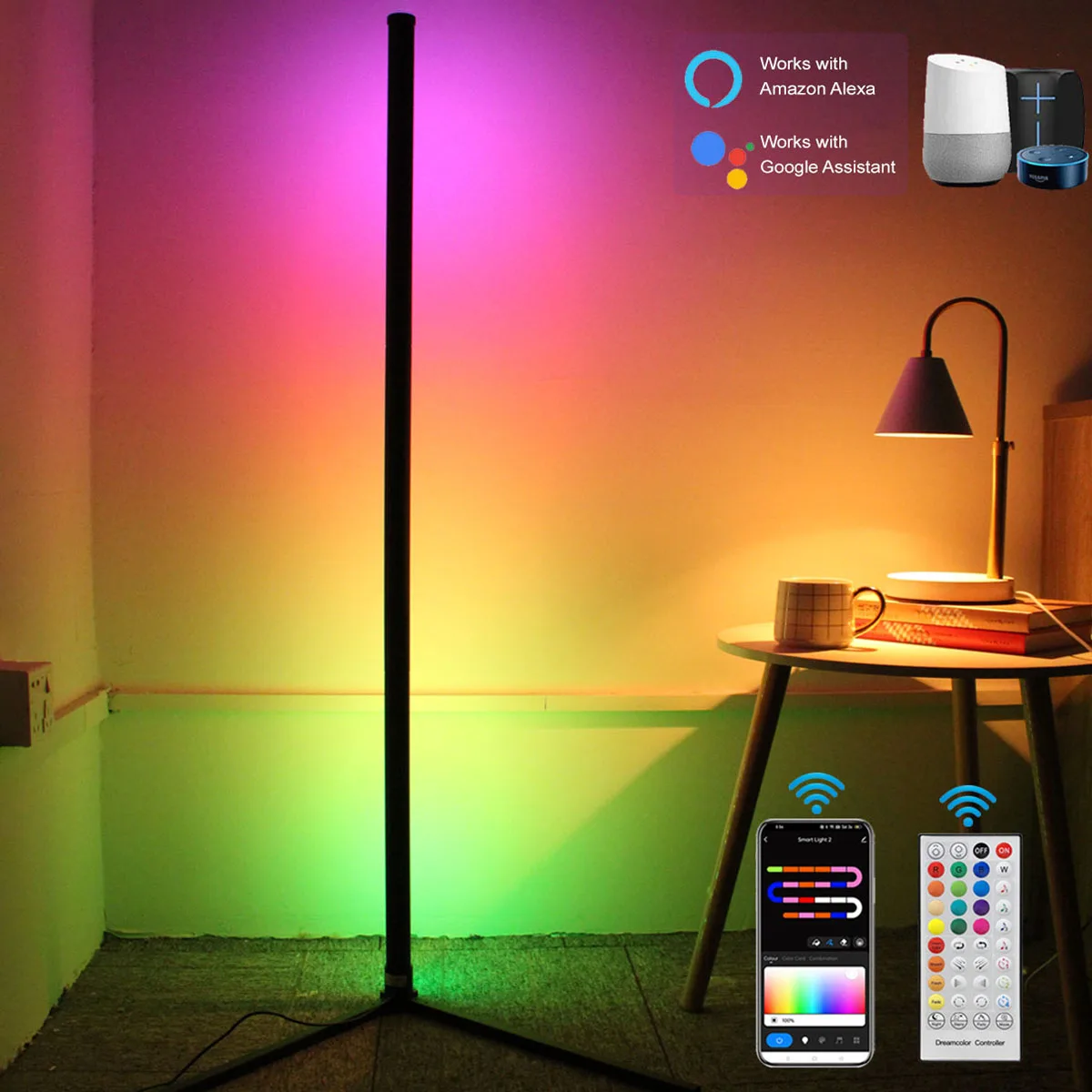 투야 와이파이 스마트 LED 야간 조명, RGB LED 코너 플로어 램프, 침실 게임 거실 장식, 조도 조절 분위기 조명, 120cm