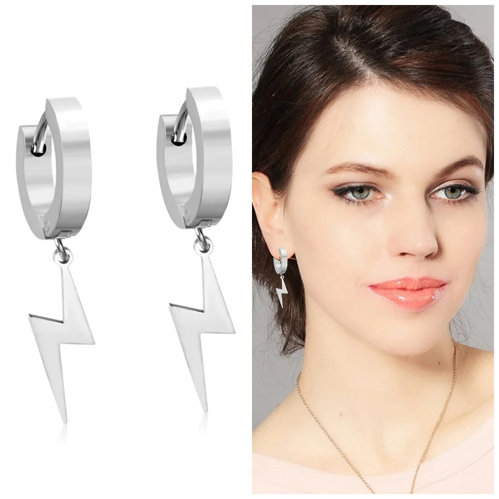 Punk Hip Hop Edelstahl Creolen für Frauen Männer Junge Teenager mit Donner Blitz Baumeln Premium Gothic Schmuck Geschenke – Detail 5