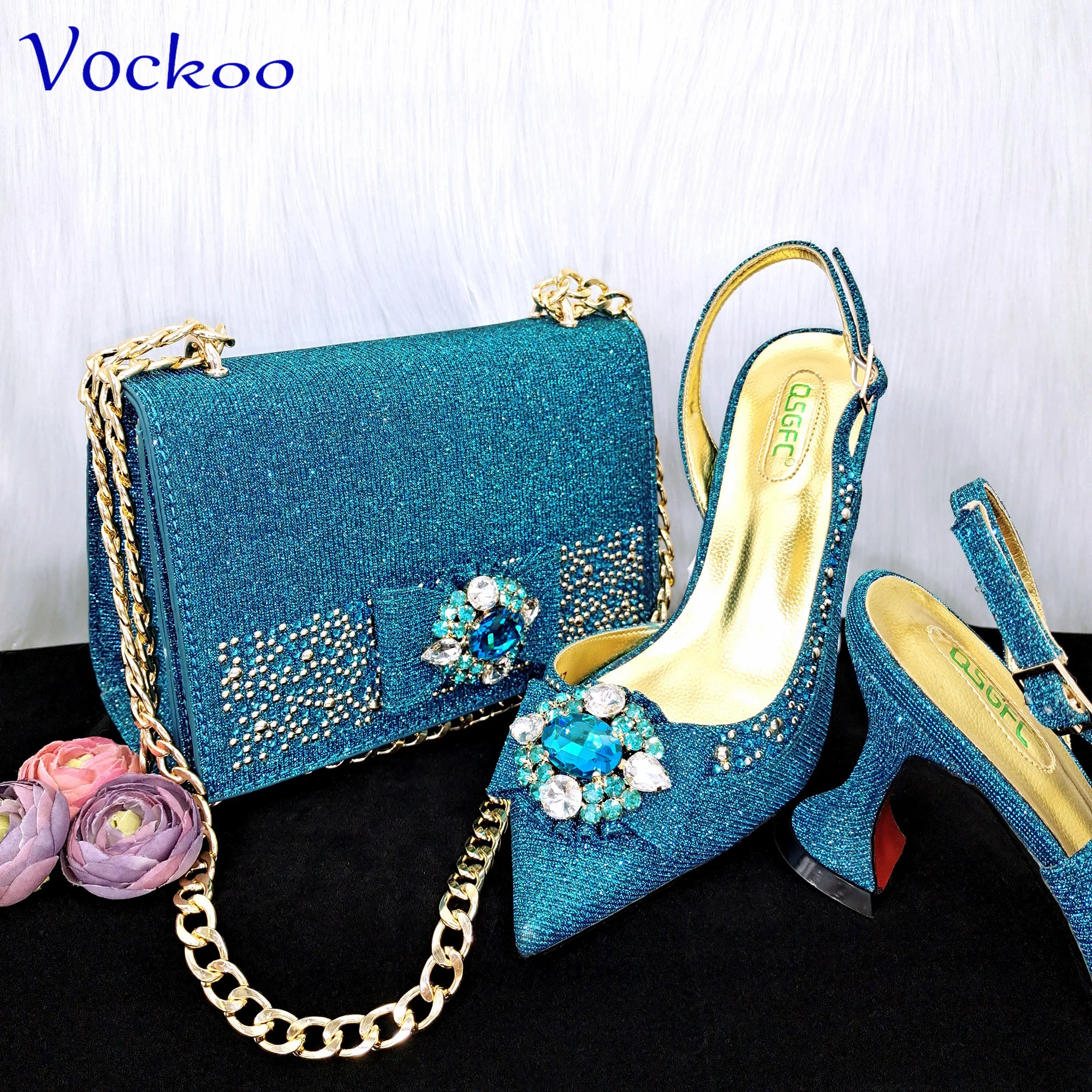 Pink Color Nigerian Women Shoes Matching Bag Set with Crystal High Quality Pointed Toe Pumps for Wedding