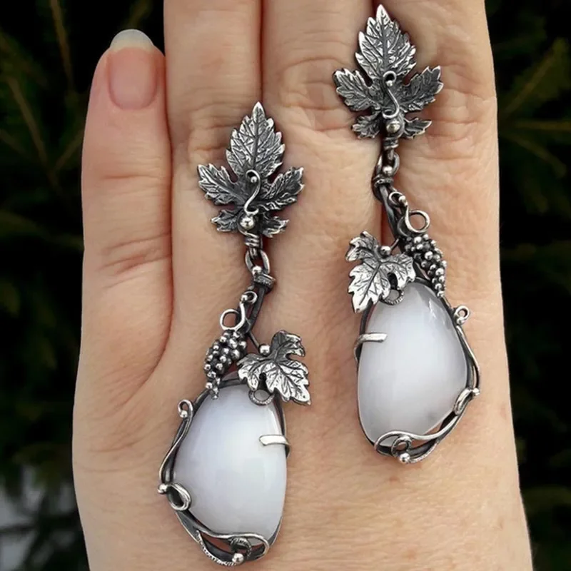 New Vintage Silver Colour Moonstone Earrings Geometric Design Metal Carved Leaves Long Dangle Earrings For Women