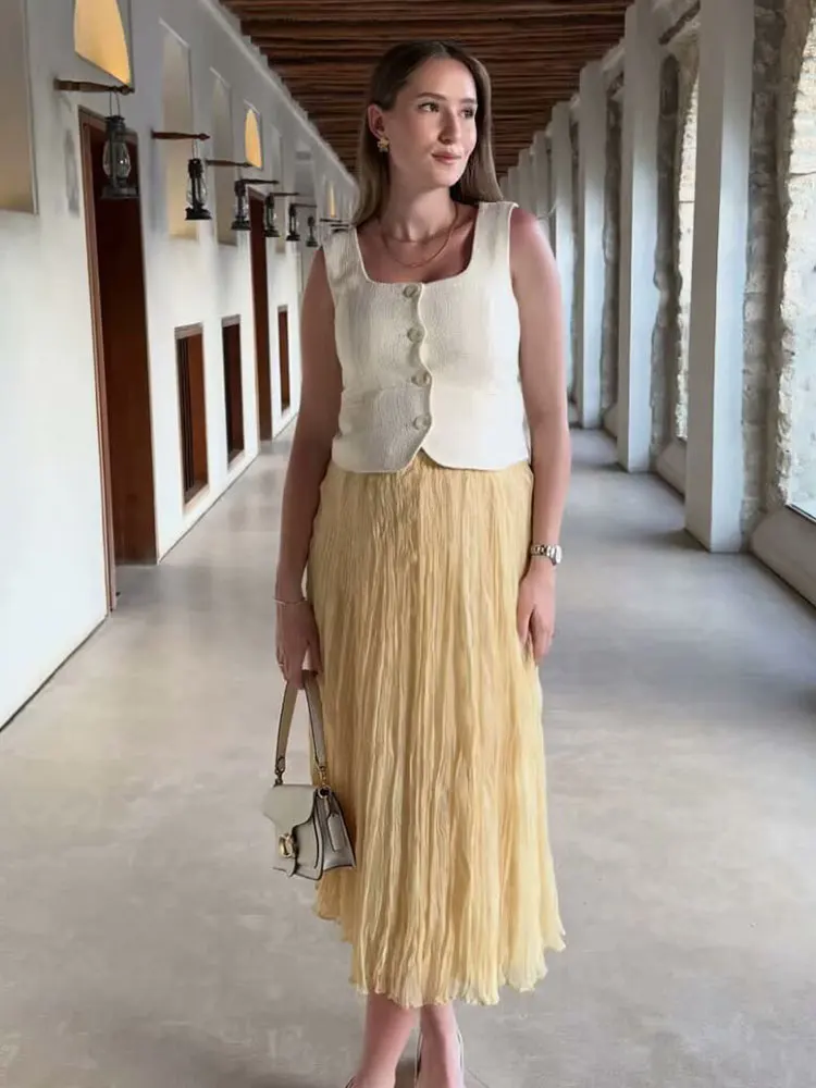HH Women Fashion Solid Pleated Midi Skirt High Waist Loose Casual Elastic Waist Skirts Summer Female Chic Yellow Tulle Skirt