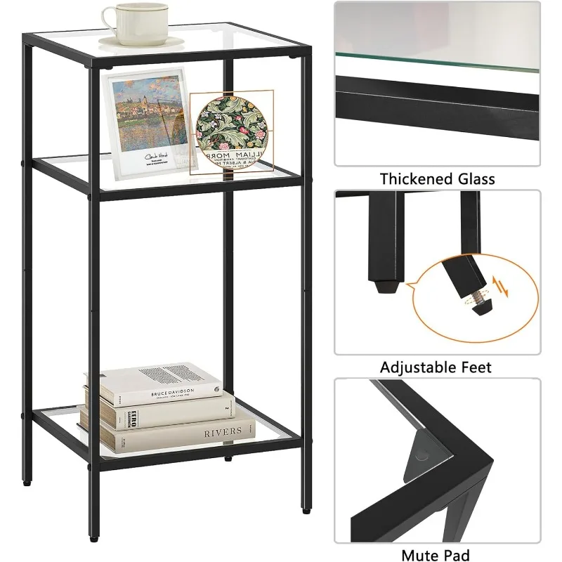 3-Tier Side Table, Set of 2 End Tables with Tempered Glass, Nightstands with Storage Shelves, Slim Sofa Table for Living Room, 4