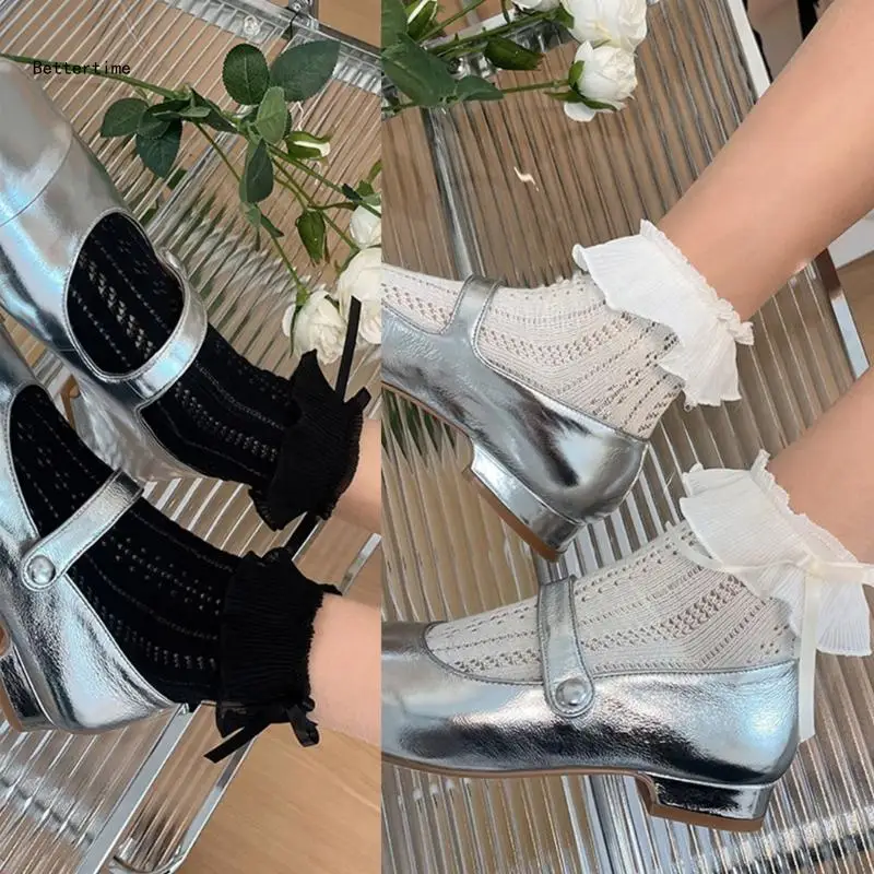 

B36D Girls Fashion Summer Ankle Socks Lace Trims Eyelet Socks Bowknot Socks for Skirt