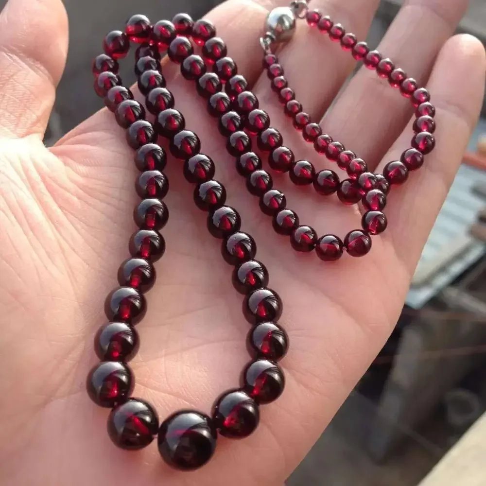 Free shipping 4-9mm Natural WineRed Garnet Necklace Crystal Round Clear Beads 47cm AAAAA