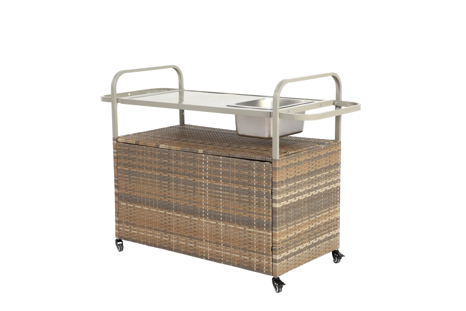 Outdoor Bar Table, Wicker Bar Cart with Cabinet, Patio Serving Cart with steel Top, icebucket, Side Basket, Lockable Wheels