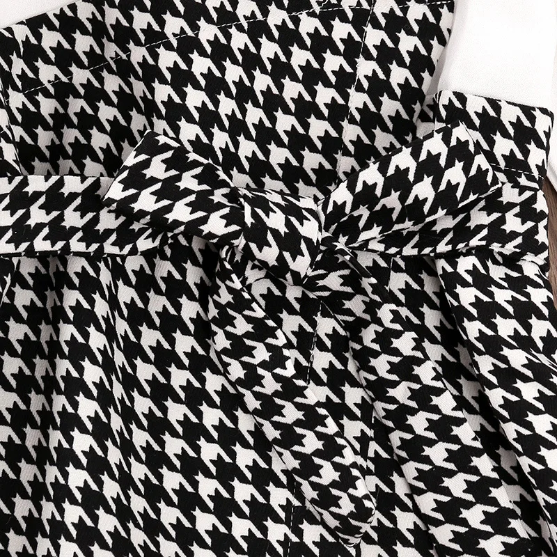Casual Kids Shirts for Girls Spring Autumn New Child Long Sleeve Houndstooth Patched Irregular Hem Tops with Belt Clothing