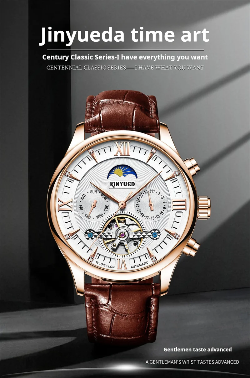 KINYUED Brandneue mechanische Mondphasenuhr für Herren, hohle Tourbillon-Uhren, Wochendatum, Herrenuhr, wasserdicht, automatische Uhren_voghion.com
