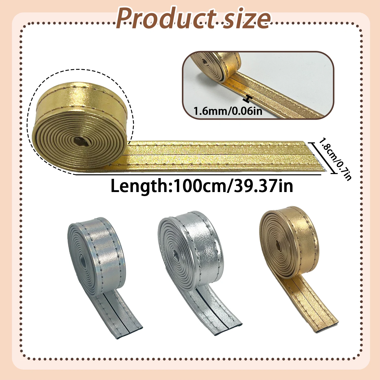 3PCS 1.8x100cm 부드러운 PU 가죽 스트랩 DIY 활 장식품 바느질 및 공예용 금속 스티칭이 있는 광택 있는 좁은 벨트
