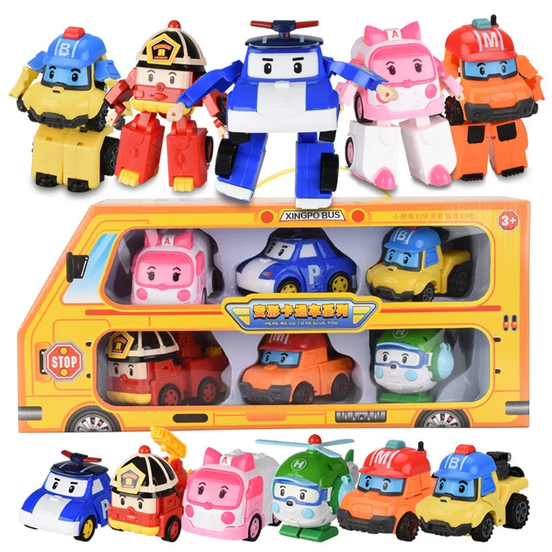 

6pcs Poli Car Transform Vehicle Robot Toy Cartoon Anime Poli Amber Roy Action Figure Birthday Gift For Kids Toys Children