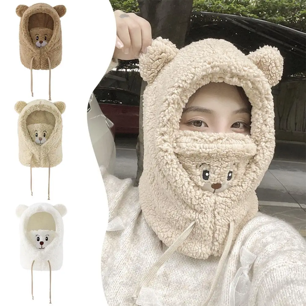 

New Fashion Bear Warm Cap Bear Ear Lamb Beanie Hat With Mask Winter Warmer Thickened Cute For Women Girl Ear Head Face Neck U9S9