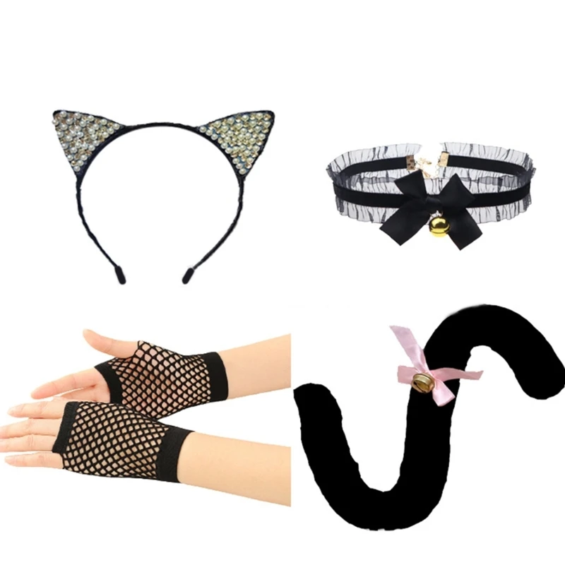 

Cat Costume Set Halloween Christmas Animal Cosplay Props Cat Ears Headband Tail Bells Lace Choker Gloves Adults Kids M6CD