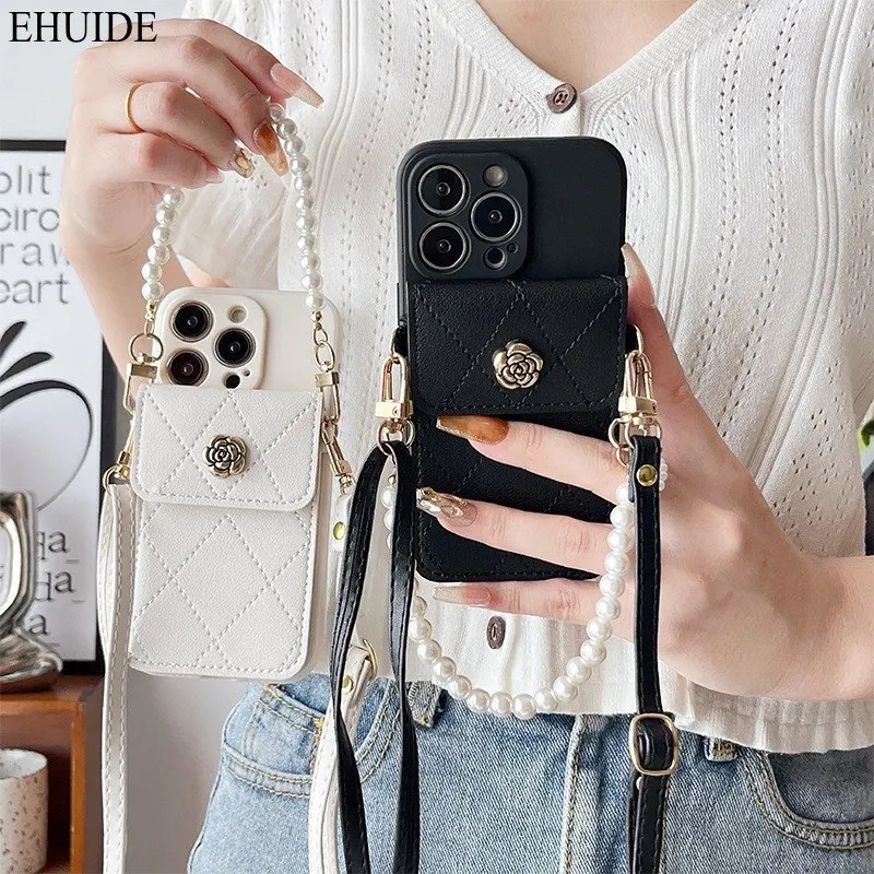 Elegant Wallet Phone Case with Floral Design and Pearl Strap