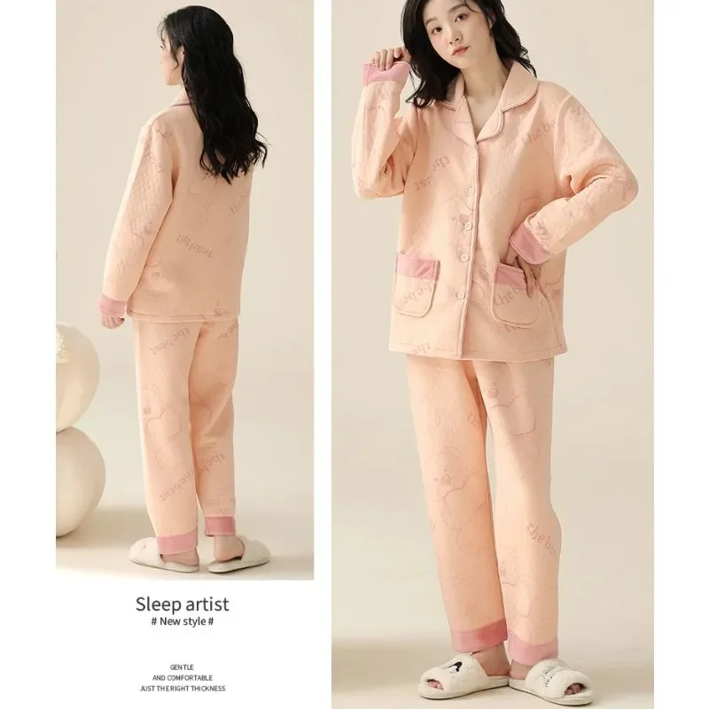 2024 New Autumn Winter Three-layer Warm Air Cotton Sandwich Pajamas Thick Long Sleeve Loungewear Women Thin Cotton Homewear Set