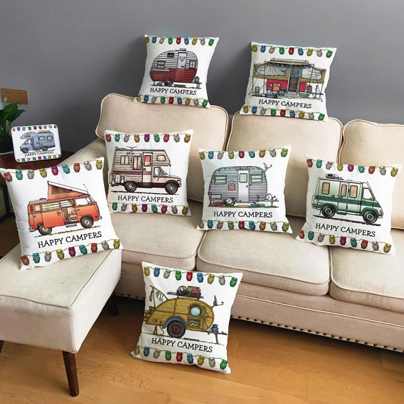 HappyCampersCarLetterOwlPrintCushionCoverOutdoorCampingTheme