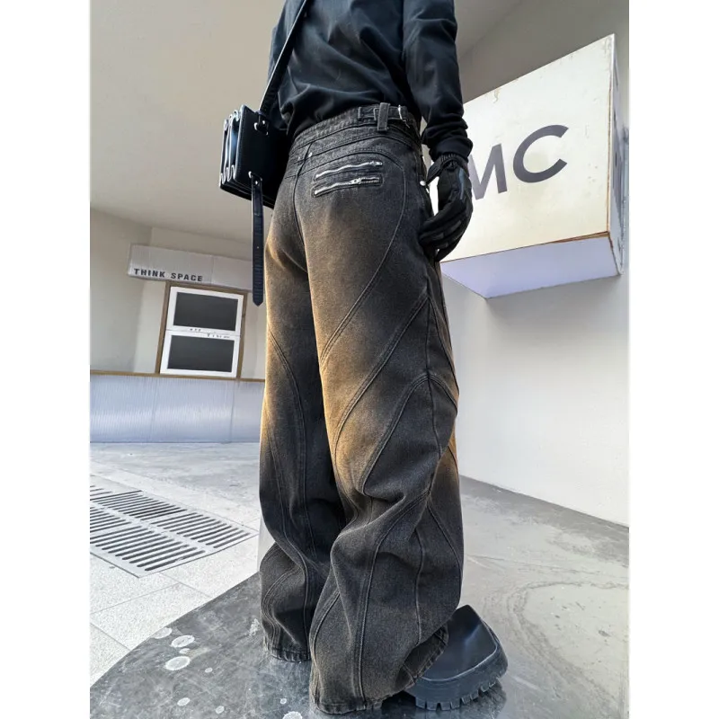 Fashion Jeans Men's 2024 Spring Rivets Loose Comfort Trendy Male Fried Street Zipper Men's Jeans Denim Straight Trousers