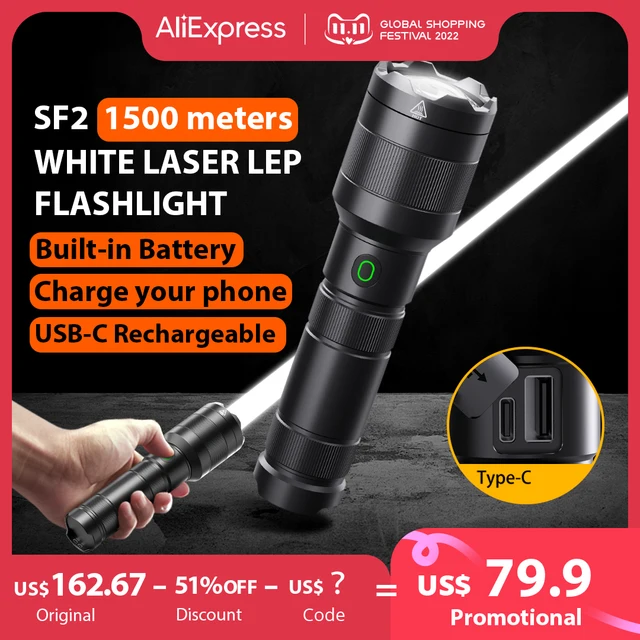 NATFIRE SF2 White Laser Flashlight LEP 1500 Meter Built in 21700 Battery Type C Rechargeable Tactical Military Search Flashlight