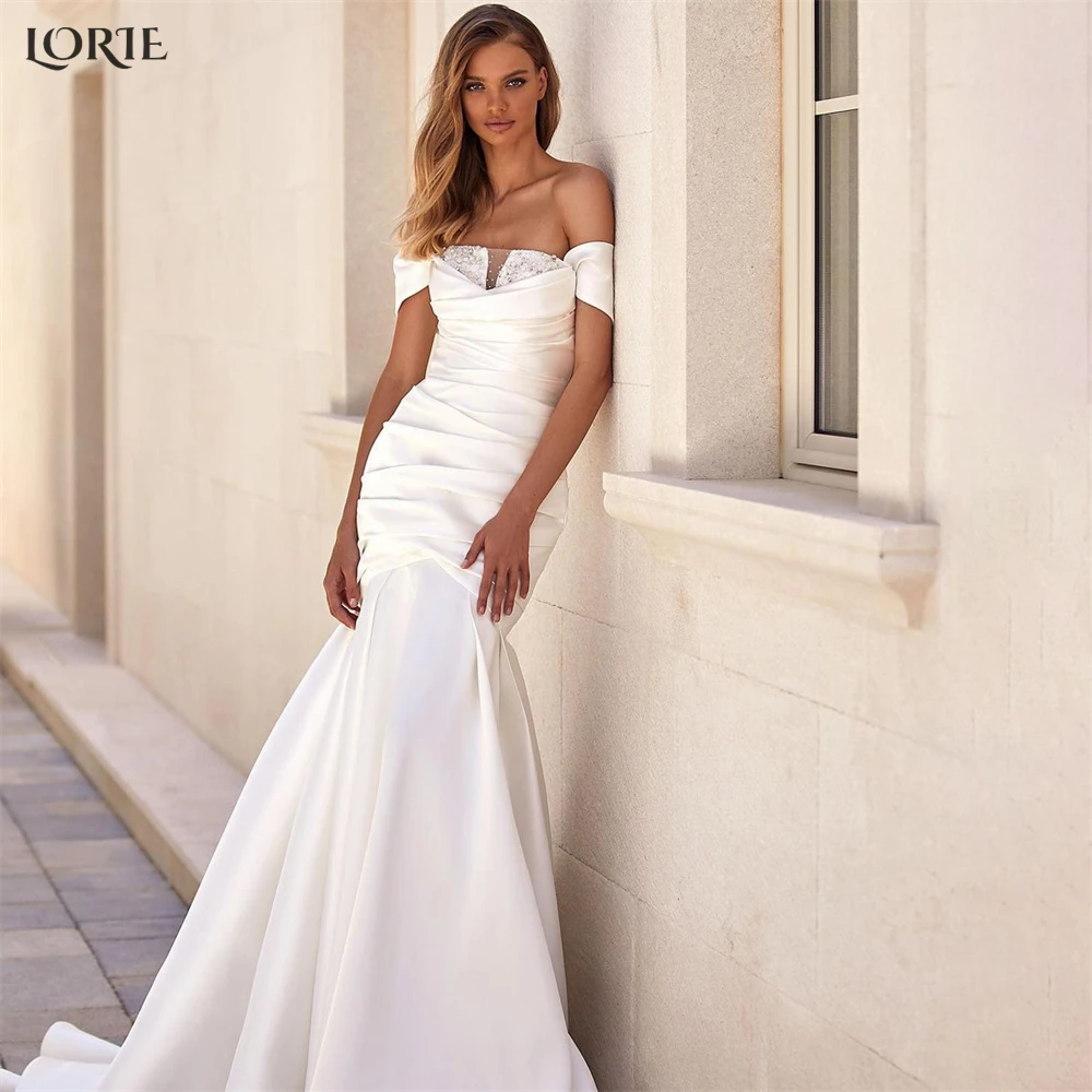 

LORIE Luxury Solid Mermaid Wedding Dresses Off Shoulder Sequins Elastic Satin Bridal Gowns Backless Pleated Pageant Bride Dress