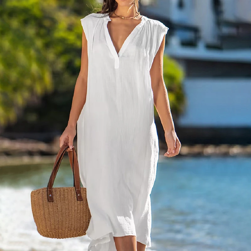 

Simplicity Casual Solid Cotton Dress for Women Summer Breathable V-Neck Loose Dress Sexy Sleeveless Beach Style Tank Vestidos