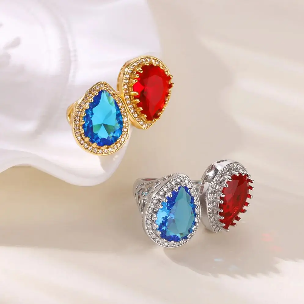 Red&Blue Zirconia Waterdrop Rings for Women