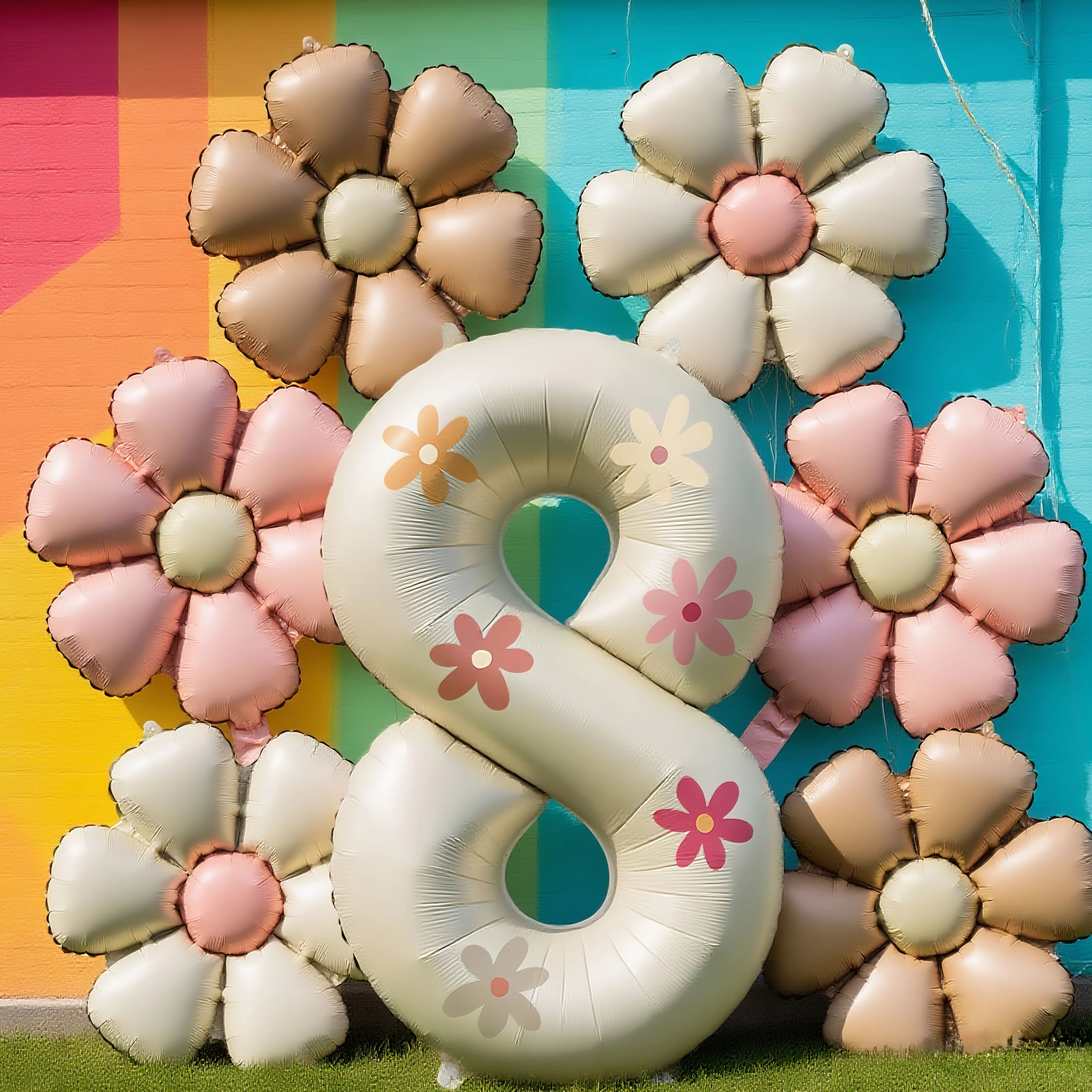 Cremeweiße Folien-Zahlenballons 0-9 mit Blumenaufklebern und 6 Gänseblümchen-Luftballons im Set – Zubehör für Geburtstag, Hochzeit, Party, Dekoration – Detail 14