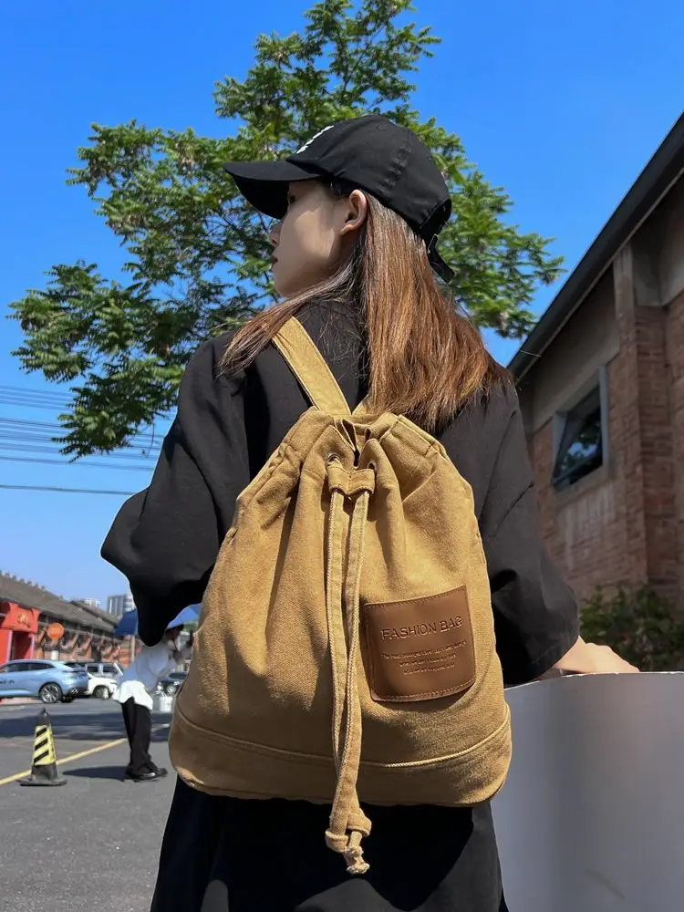 Fashionable Japanese Literary And Artistic Canvas Women's Bag Casual Simple And Versatile Large Capacity Bucket Shaped Backpack