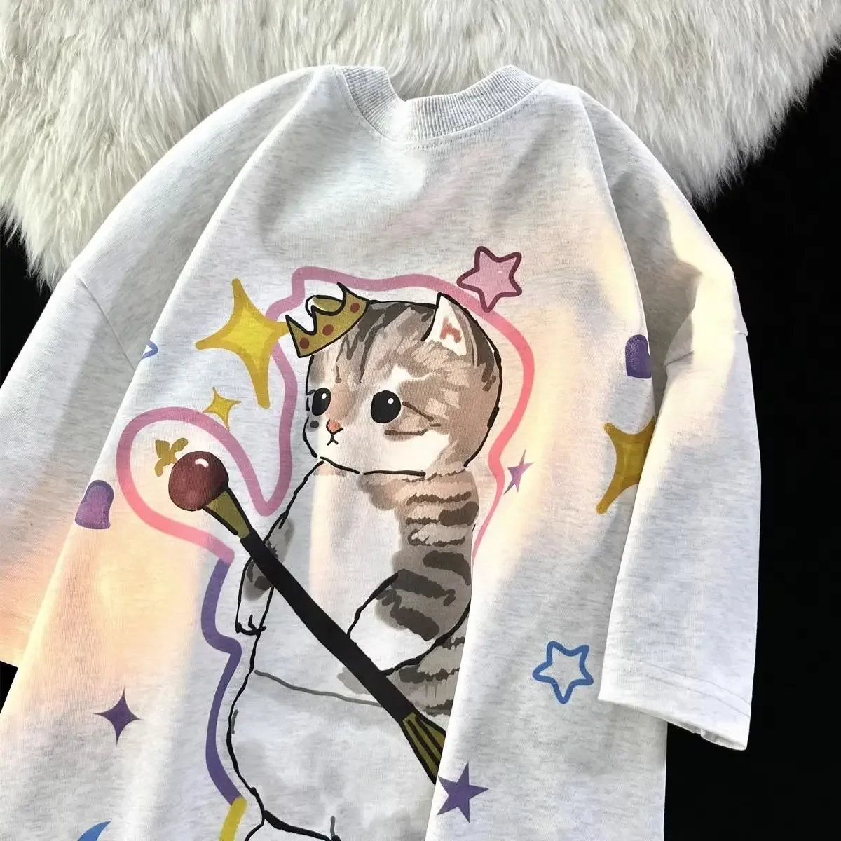 American Cotton Summer New Cute Cat Print Short Sleeved T-shirt for Women Loose and Lazy Retro Niche Half Sleeved Ins Top ins