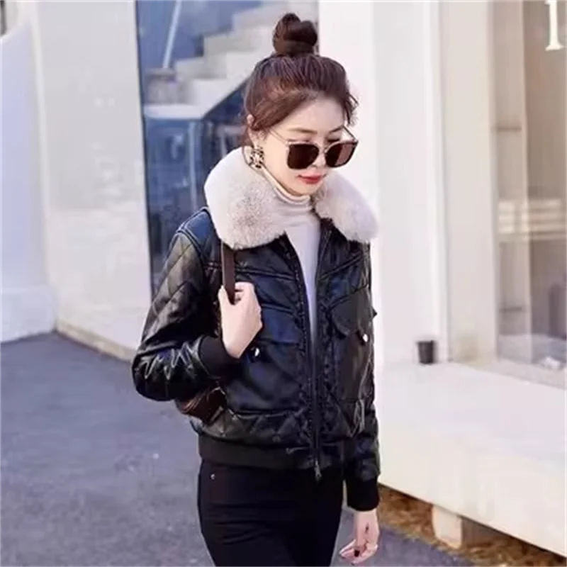 Fur Collar Thick Leather Jacket With Velvet Leather Jackets Women's Short Winter New Fashionable Motorcycle Cotton Fur Outwear