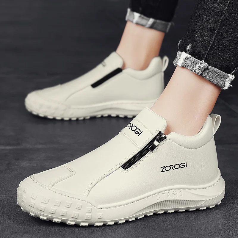 Spring Hot Sale Outdoor Casual Shoes Men Fashion Mid-top Work Shoes Men Zipper Sports Shoes Comfort Driving Loafers Men Sneakers 2