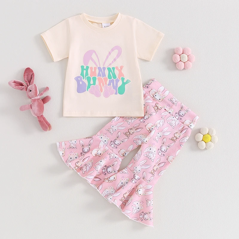 

BeQeuewll Baby Girl Easter Outfits Letter Print Short Sleeve T-Shirt and Bunny Print Elastic Flare Pants Summer 2 Piece Clothes