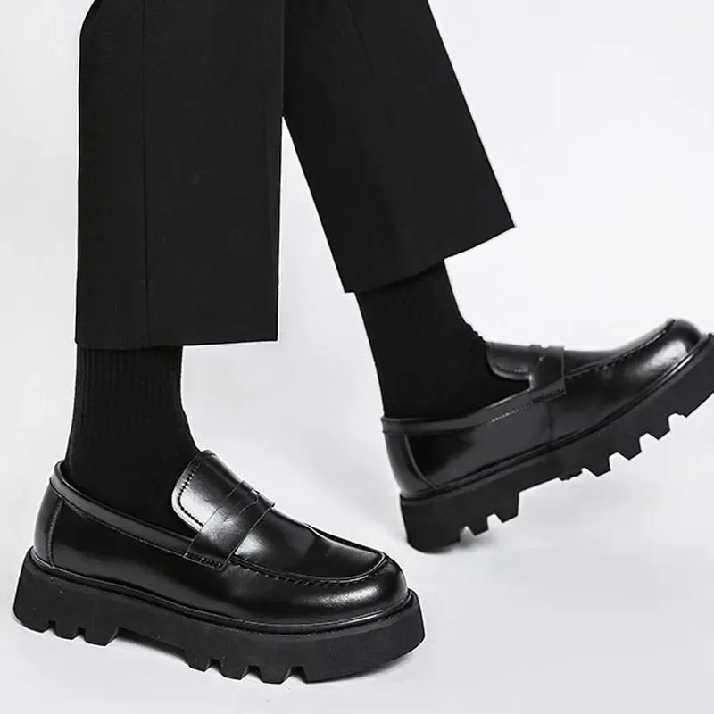 

Men Harajuku Korean Man Leather Shoes Streetwear Fashion Business Casual Thick Platform Genuine Leather Wedding Men Loafers Shoe