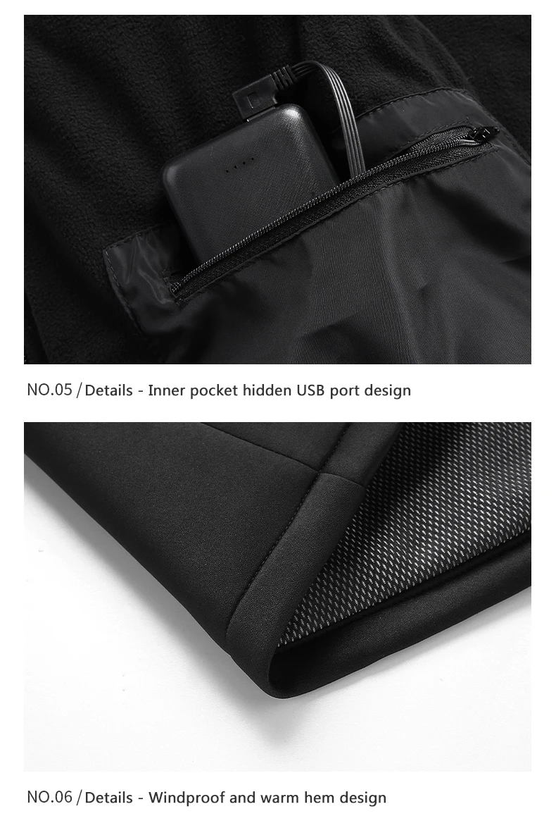 A stylish black jacket with a pocket for a cell phone to stay warm.