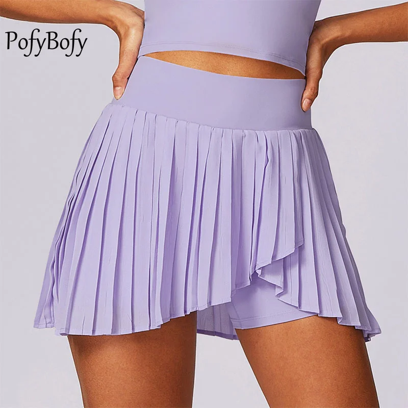 

PofyBofy Fake Two Pieces Quick Drying Tennis Golf Skirts Shorts with Pocket Yoga Gym Running Badminton Sexy Pantskirt for Women