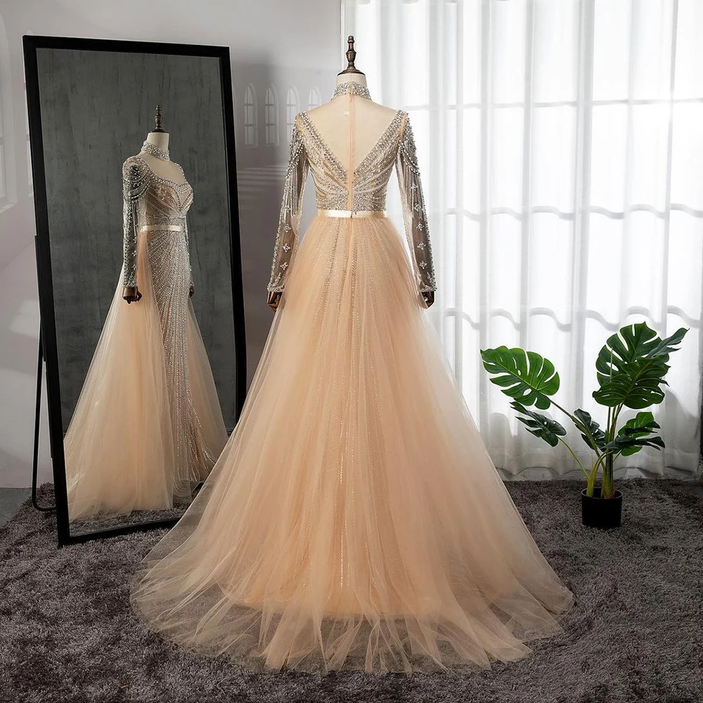 Serene Hill Nude Muslim Beaded Tassel  Mermaid Dubai Arabic Evening Dresses Gowns Luxury 2023 For Women Wedding Party LA71533