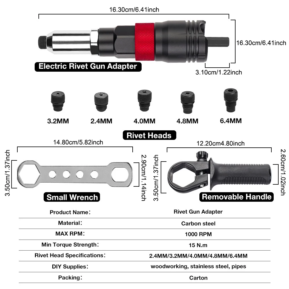 Home Cordless Gun Insert Nut Riveting Tool Rivet Nut Gun Converter Adapter 2.4MM/3.2MM/4.0MM/4.8MM/6.4MM Electric Rivet Tool