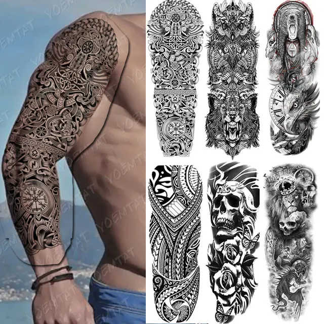 Large Arm Sleeve Tattoo Snake Owl Maori Waterproof Hyperrealistic  Men's Temporary Viking Sticker Skull Body Fake Tatoo Women 1
