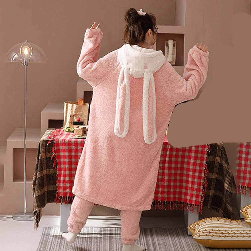 Women Animal Pajamas Sets Hooded Cartoon Sleepwear Rabbit Cosplay Lady Winter Flannel Long Robe Set Plush Warm Nightgown Suits