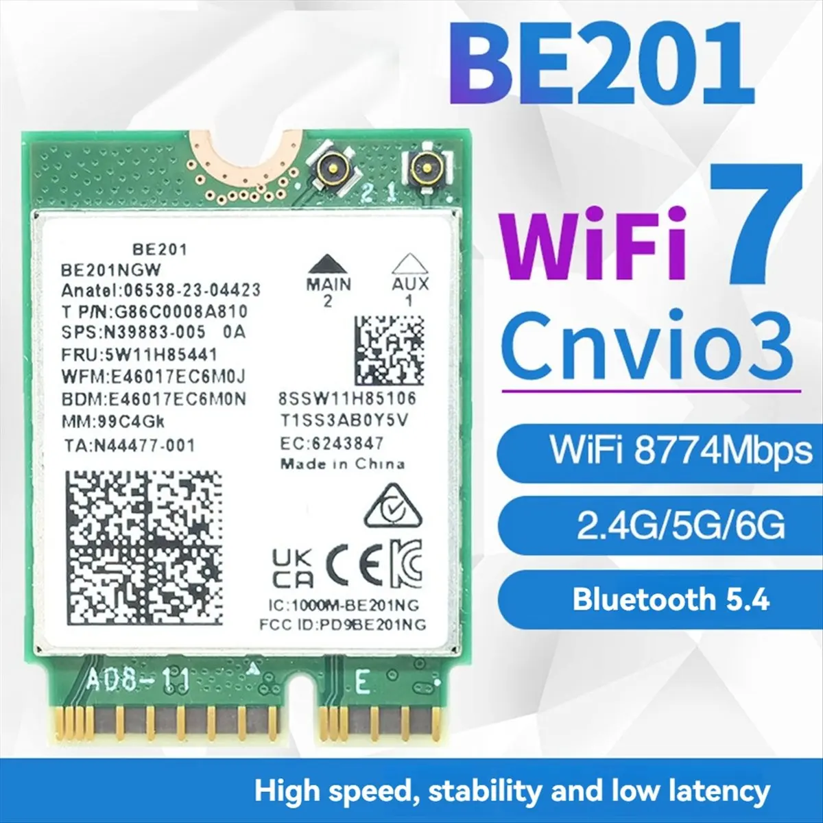 A10R BE201 BE201NGW WIFI7 카드 M.2 Cnvio3 8774Mbps 트라이밴드 BT5.4 무선 WIFI 모듈(8DB 안테나 포함) Win10/11 64비트용