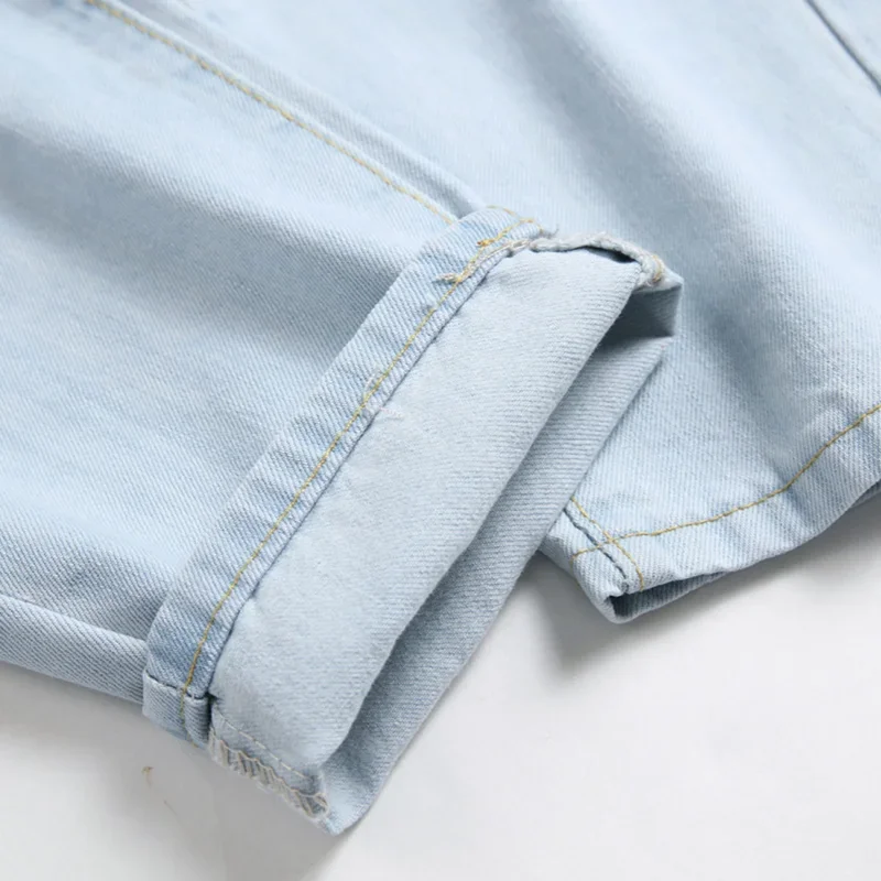 Men's Knee-length Ripped Fashion Jeans Light Blue New Trendy Casual Slim Straight Comfortable Denim Trousers Streetwear Male 6