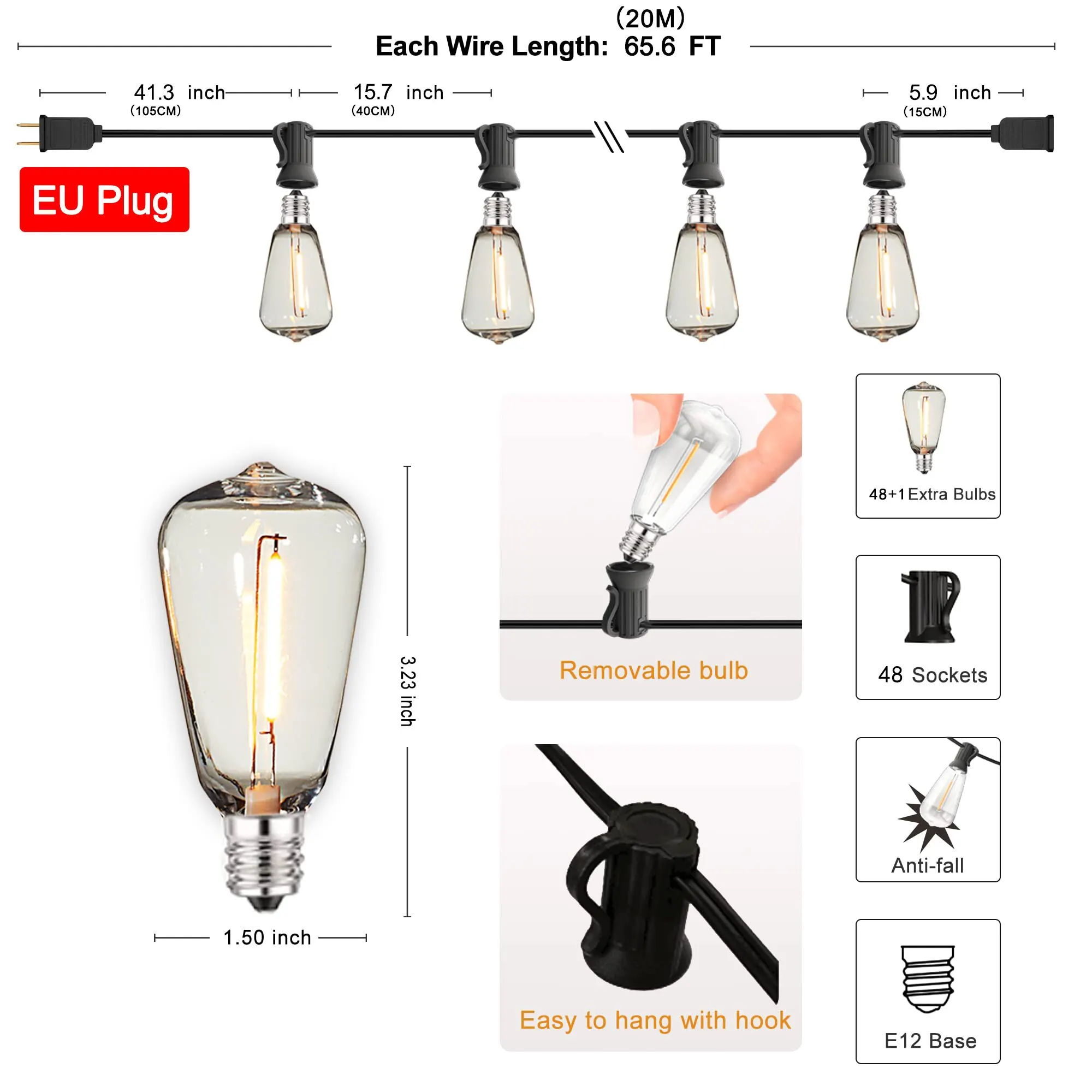 Luci Da Esterno A LED Infrangibili, 15m Con 26 Lampadine ST38 Vintage, 2700K, Calde, Impermeabili IP65 Per Giardino E Terrazza