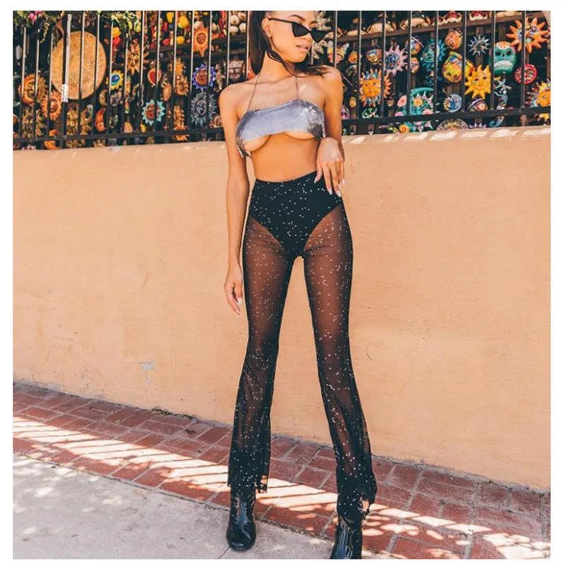 

2022 New Summer Fashion Black Mesh Bell Bottom Trousers Sparkly Rhinestone Street Wide Leg Pants Casual High Waist Leggings Y2K
