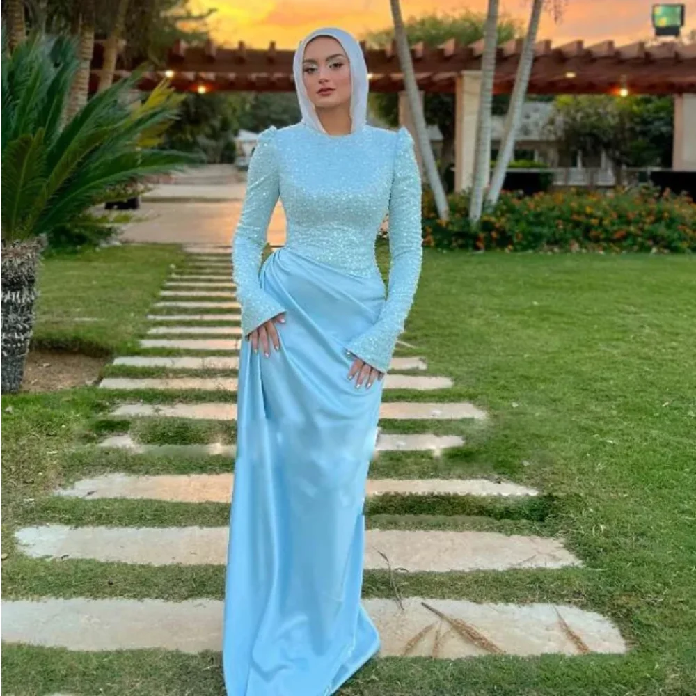 

Stunning Muslim Evening Dresses with High Neck Flare Sleeves Sequined Formal Party Gown Pleats Satin Prom Dress for Arabic Dubai