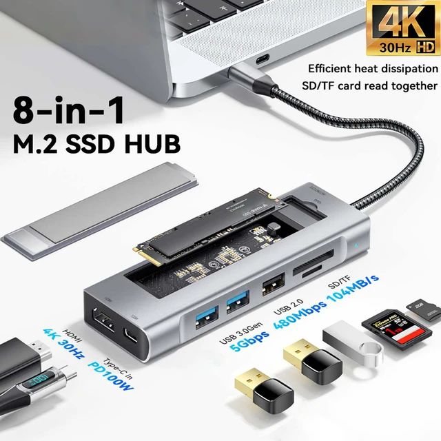 8 In 1 USB C Hub To 4K HDMI With M.2 SSD Box Interface USB C.